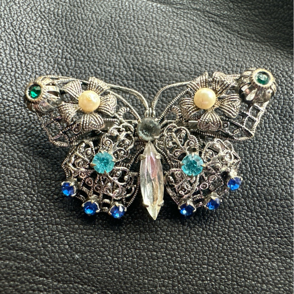 Silver-Tone Butterfly Brooch with Teal and Royal Blue Accents